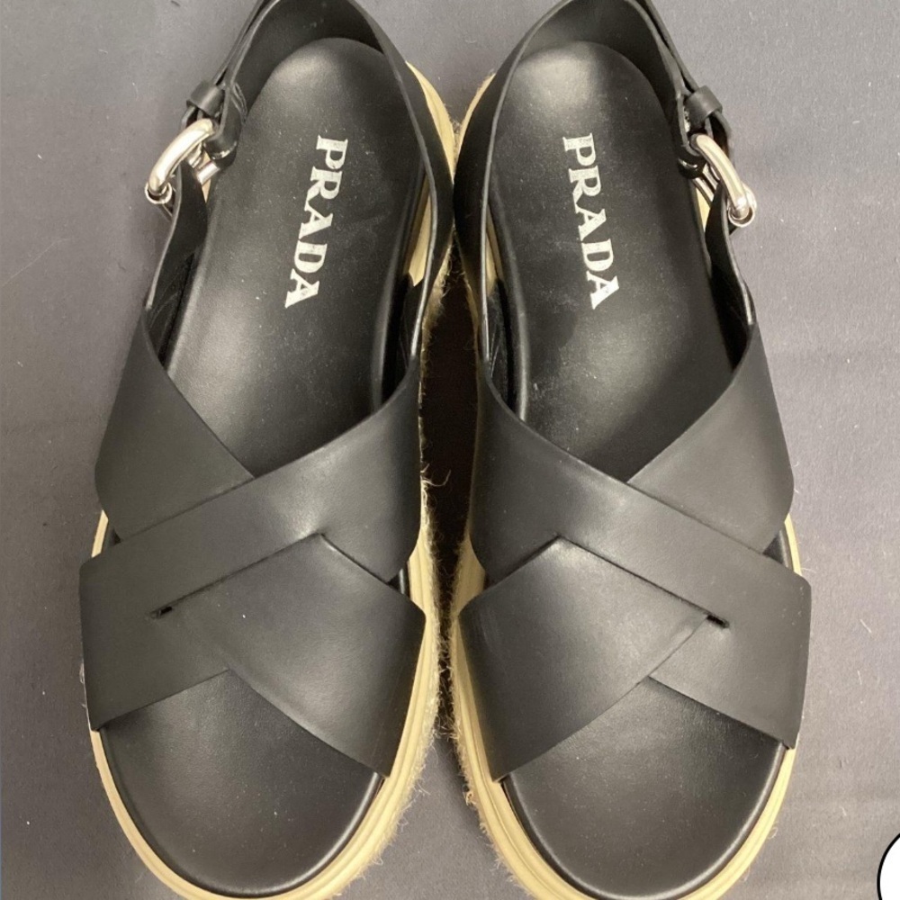 Prada Women's Black Crisscross platform Espadrille Sandals Shoes size 36.5